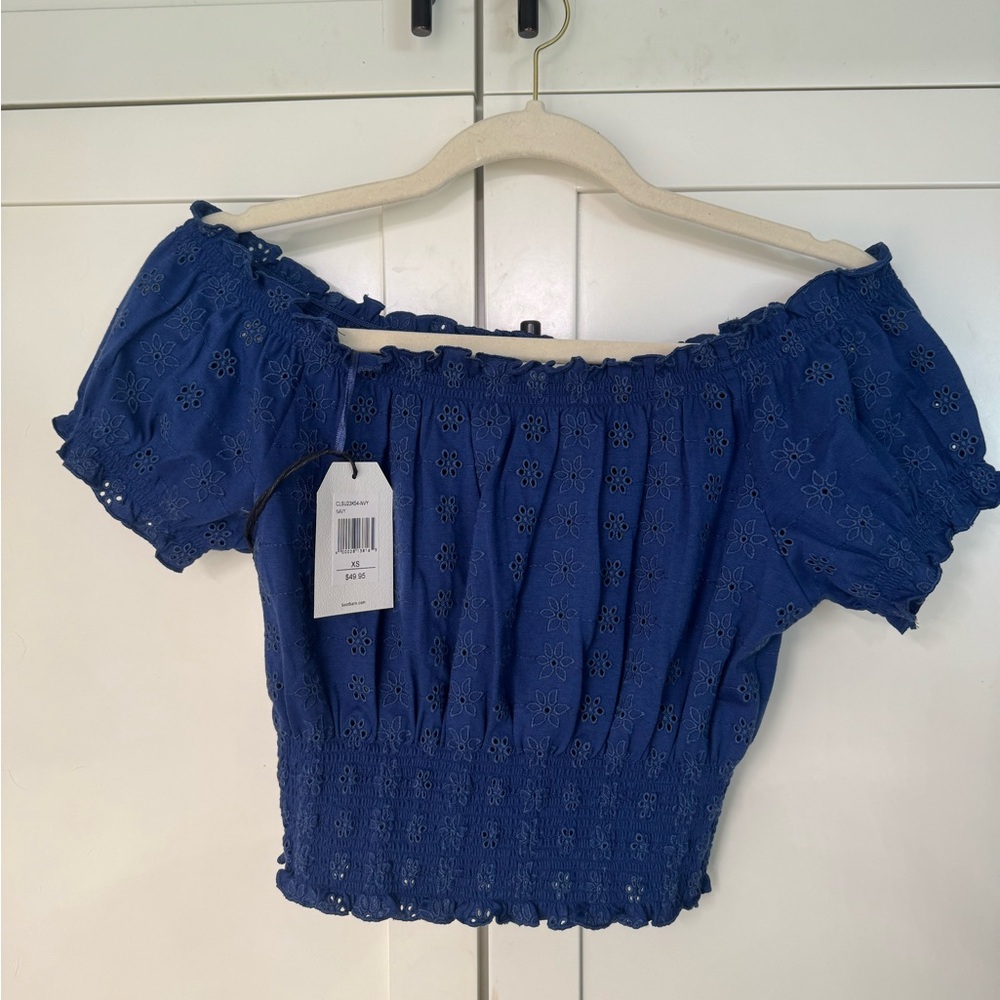 Blue Off-Shoulder Eyelet Top